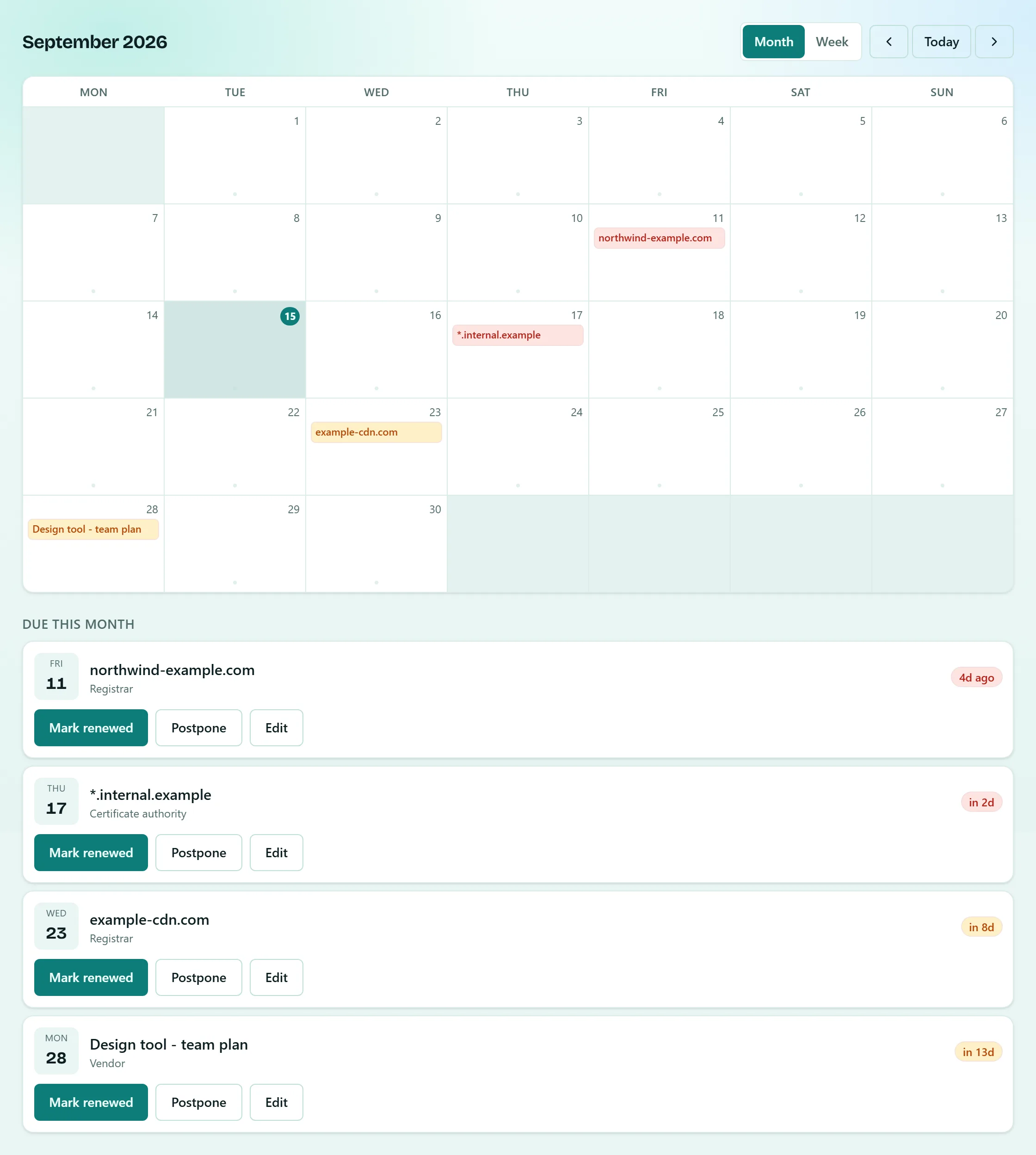 The Faybex calendar in month view for September 2026, with today ringed and four renewals marked on their dates, each coloured by urgency. Below the grid, a Due this month list gives each renewal a Mark renewed, Postpone and Edit button.